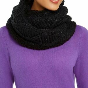 INC Black Cable-Knit Shine Loop Scarf Faux Sherpa